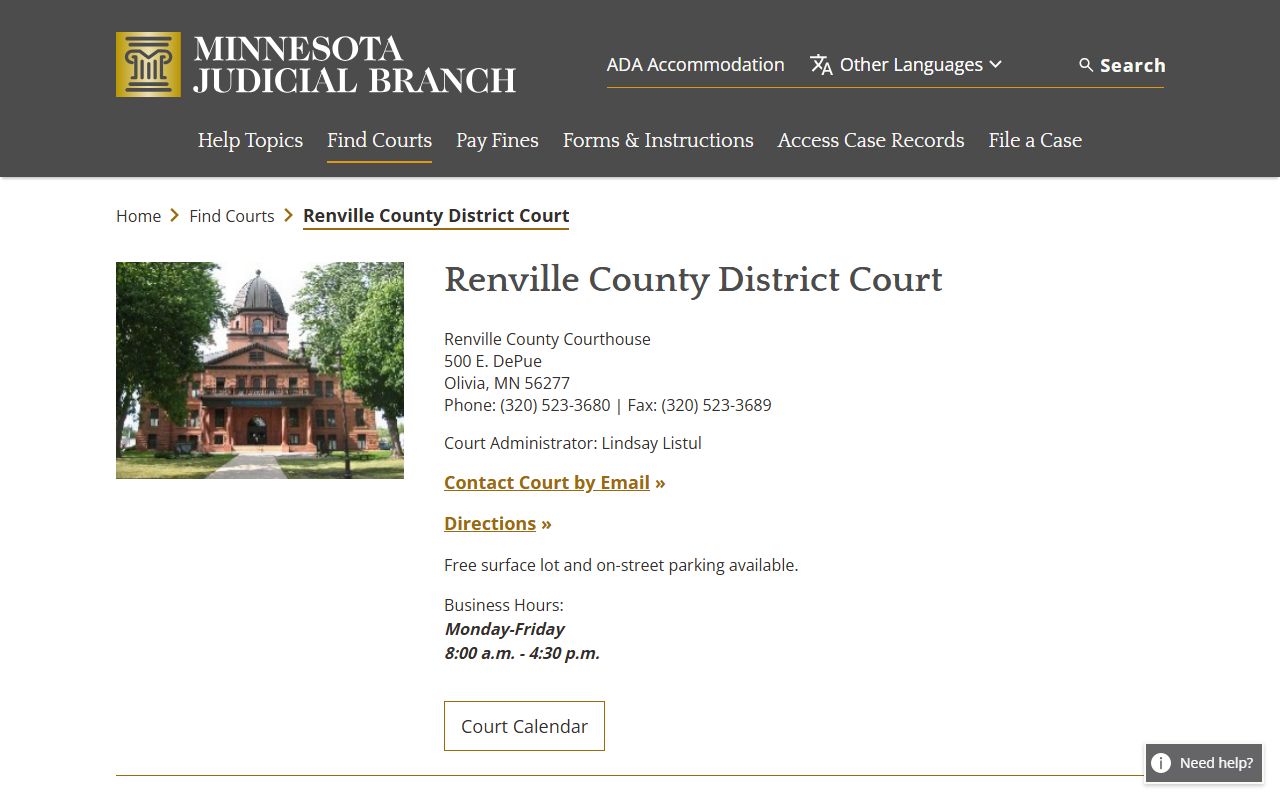 Renville County District Court record access page