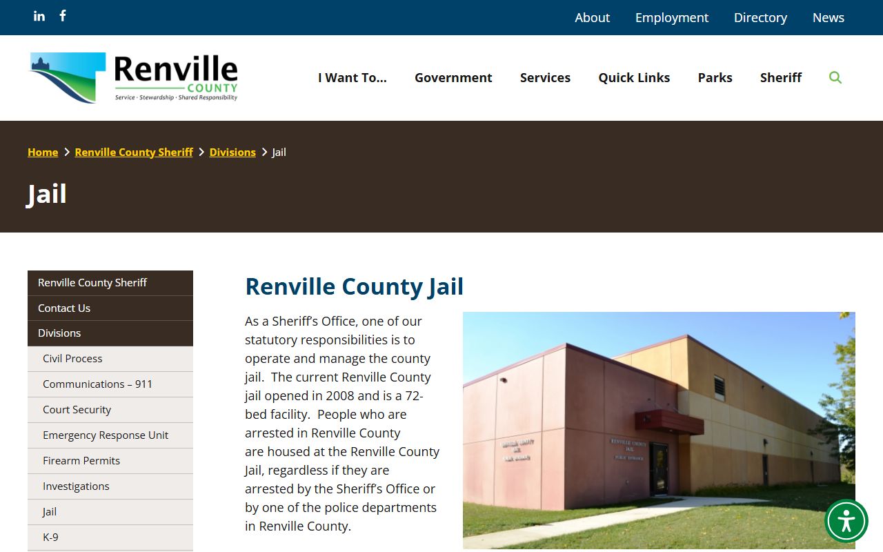 Renville County Jail overview page with inmate lookup visitation and jail program information