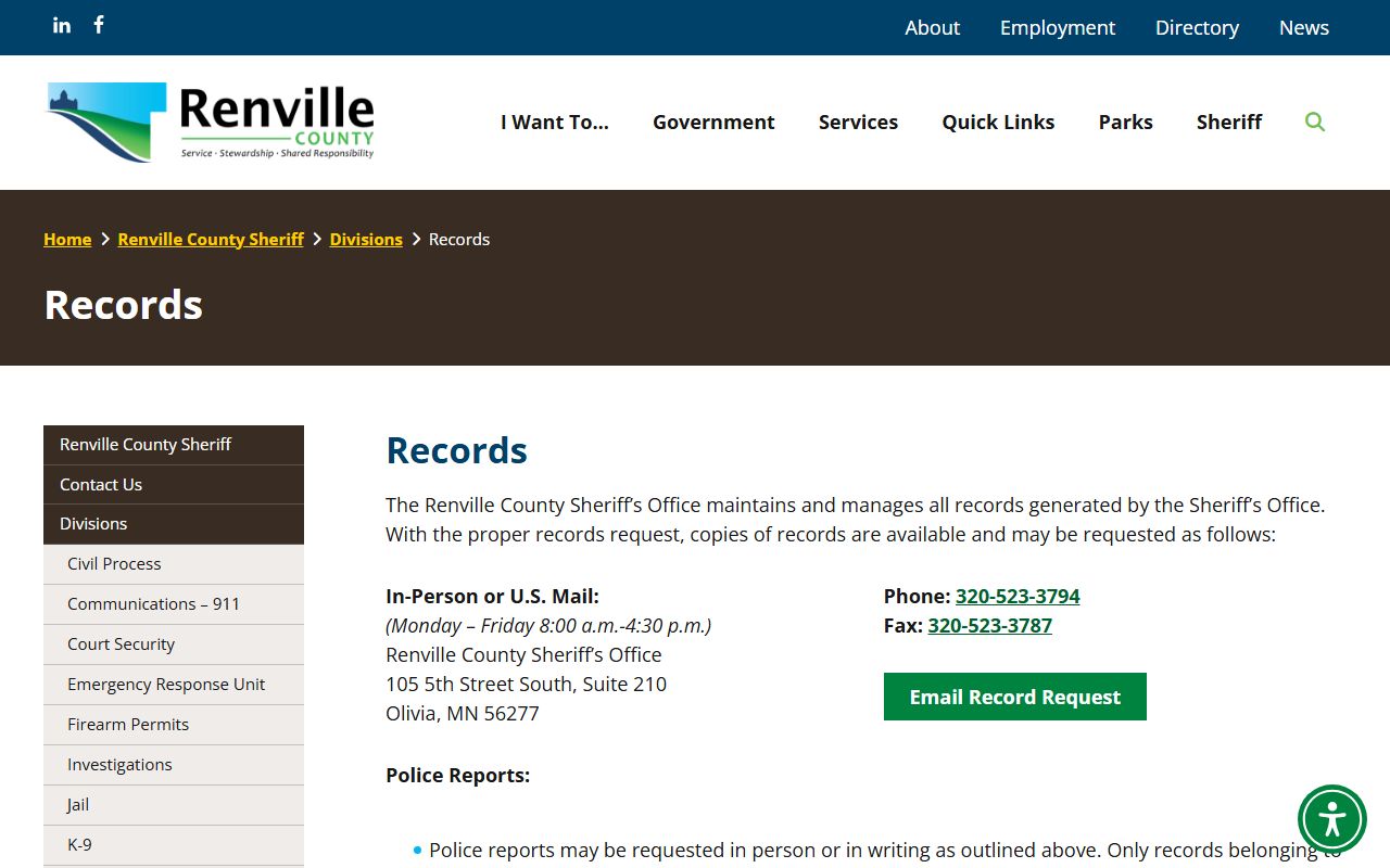 Renville County booking photo records request information